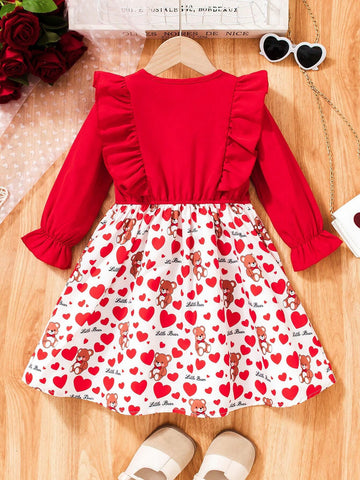 Young Girl' Sweet Cute Red Bear Heart Ruched Hem Dress, Adorable Bear Print Design, Long Sleeve Style Suitable For Spring/Autumn