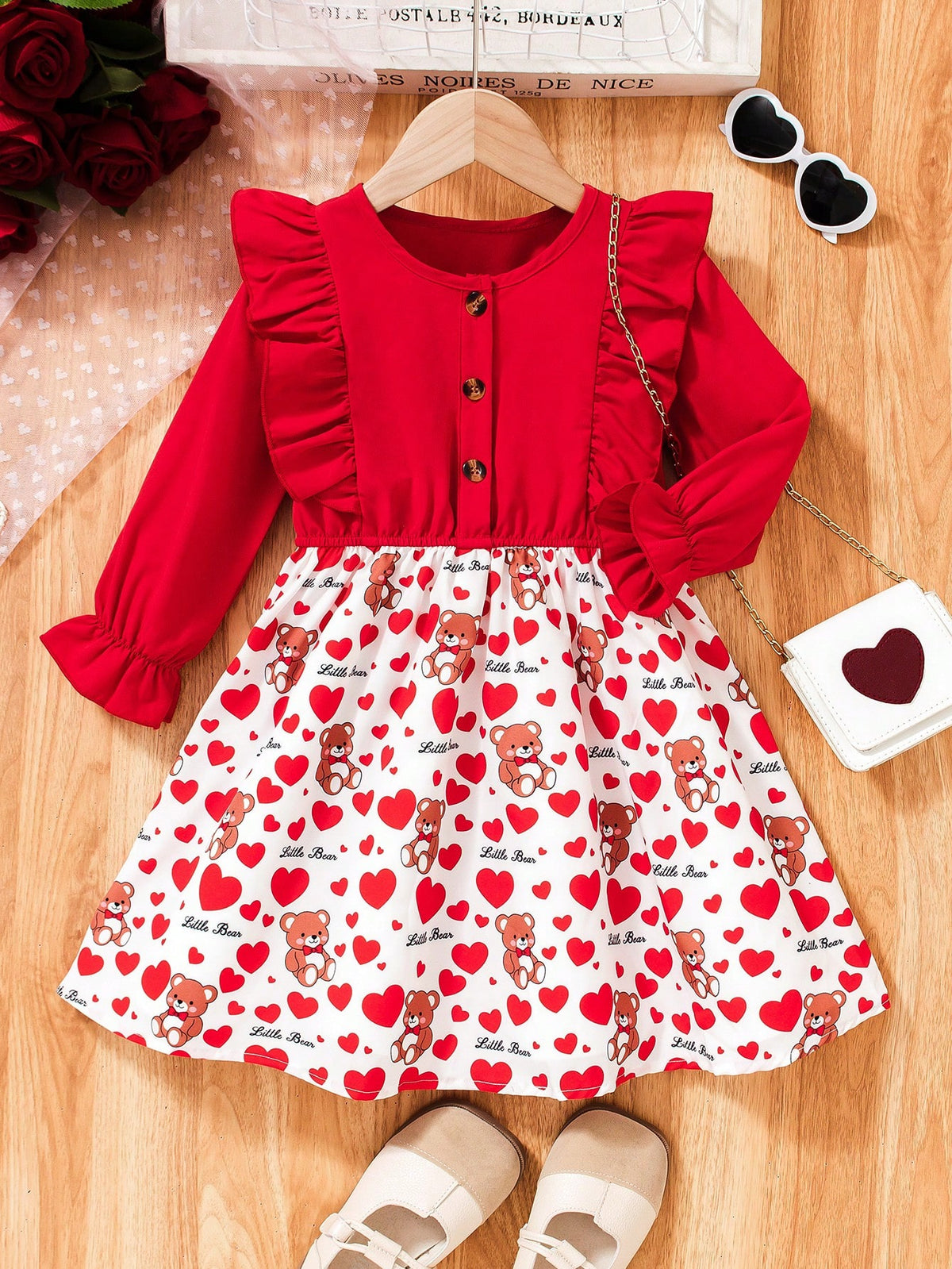 Young Girl' Sweet Cute Red Bear Heart Ruched Hem Dress, Adorable Bear Print Design, Long Sleeve Style Suitable For Spring/Autumn