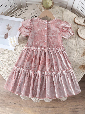 Young Girl Sweet Elegant Party Style Plush Ruched Cake Dress, Suitable For Attending Parties, Spring/Autumn