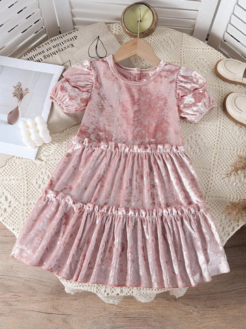 Young Girl Sweet Elegant Party Style Plush Ruched Cake Dress, Suitable For Attending Parties, Spring/Autumn