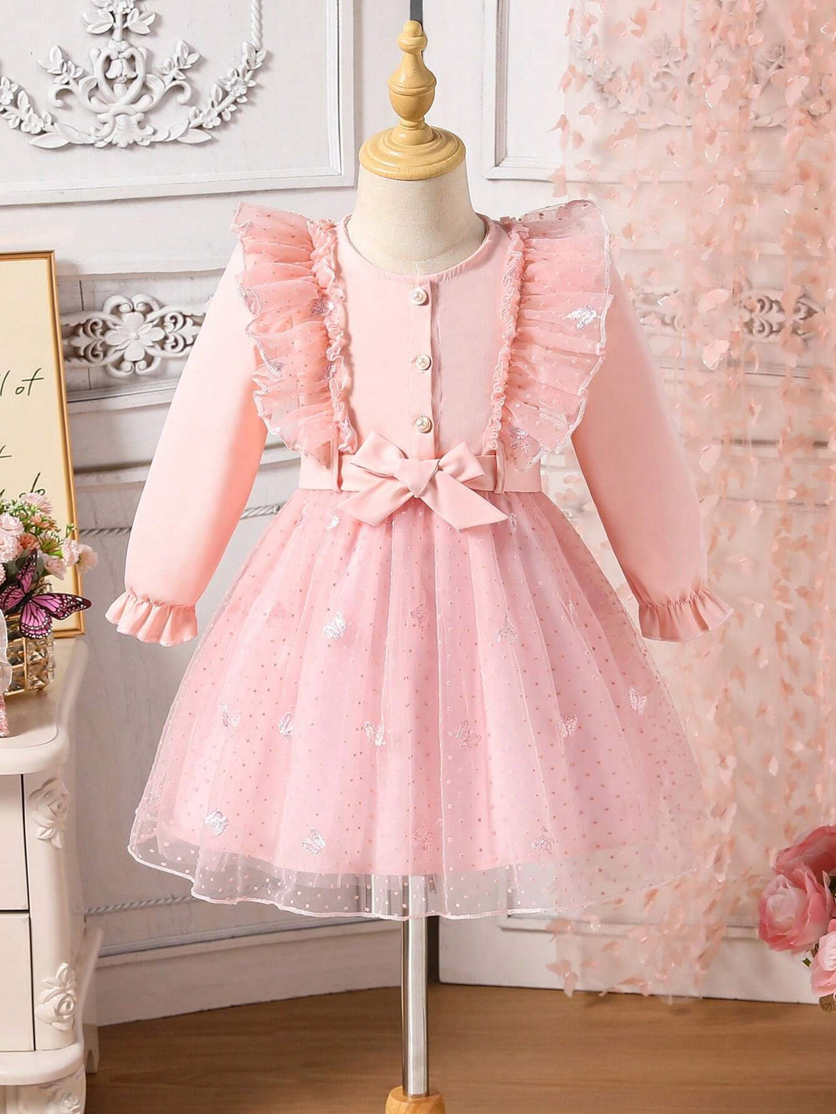 Young Girl Sweet Elegant Princess Pink Lace Mesh Glitter Butterfly Pattern Comfortable Versatile Dress, Suitable For Spring Summer Or Layering In Autumn Winter