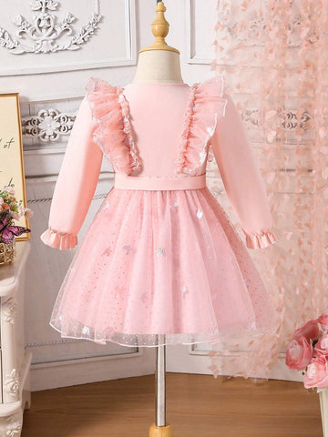 Young Girl Sweet Elegant Princess Pink Lace Mesh Glitter Butterfly Pattern Comfortable Versatile Dress, Suitable For Spring Summer Or Layering In Autumn Winter