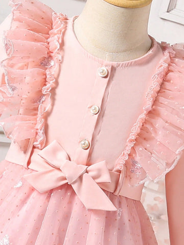 Young Girl Sweet Elegant Princess Pink Lace Mesh Glitter Butterfly Pattern Comfortable Versatile Dress, Suitable For Spring Summer Or Layering In Autumn Winter