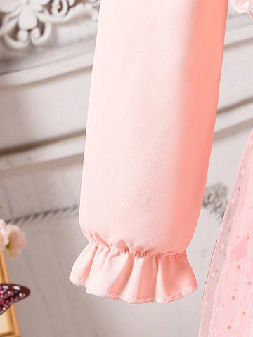 Young Girl Sweet Elegant Princess Pink Lace Mesh Glitter Butterfly Pattern Comfortable Versatile Dress, Suitable For Spring Summer Or Layering In Autumn Winter