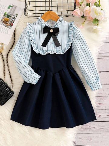 Young Girl' Sweet Fashionable Striped Bow Ruffle Collar Patchwork Dress, Suitable For Spring And Autumn