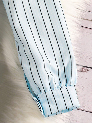 Young Girl' Sweet Fashionable Striped Bow Ruffle Collar Patchwork Dress, Suitable For Spring And Autumn