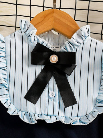 Young Girl' Sweet Fashionable Striped Bow Ruffle Collar Patchwork Dress, Suitable For Spring And Autumn
