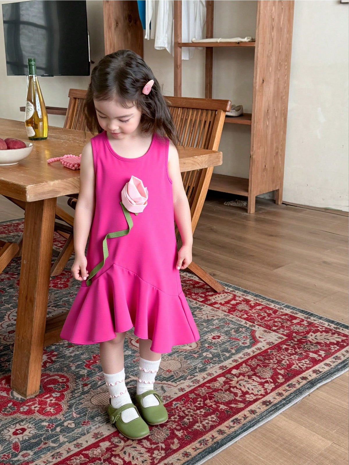 Young Girl Sweet Floral Decor Asymmetric Ruffle Hem Sleeveless Summer Dress