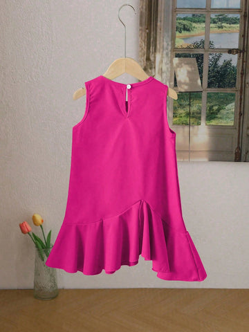 Young Girl Sweet Floral Decor Asymmetric Ruffle Hem Sleeveless Summer Dress