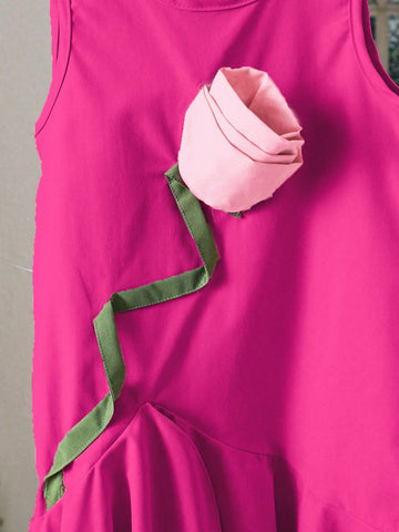 Young Girl Sweet Floral Decor Asymmetric Ruffle Hem Sleeveless Summer Dress