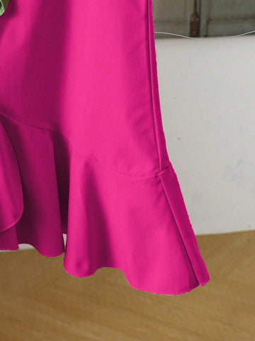 Young Girl Sweet Floral Decor Asymmetric Ruffle Hem Sleeveless Summer Dress