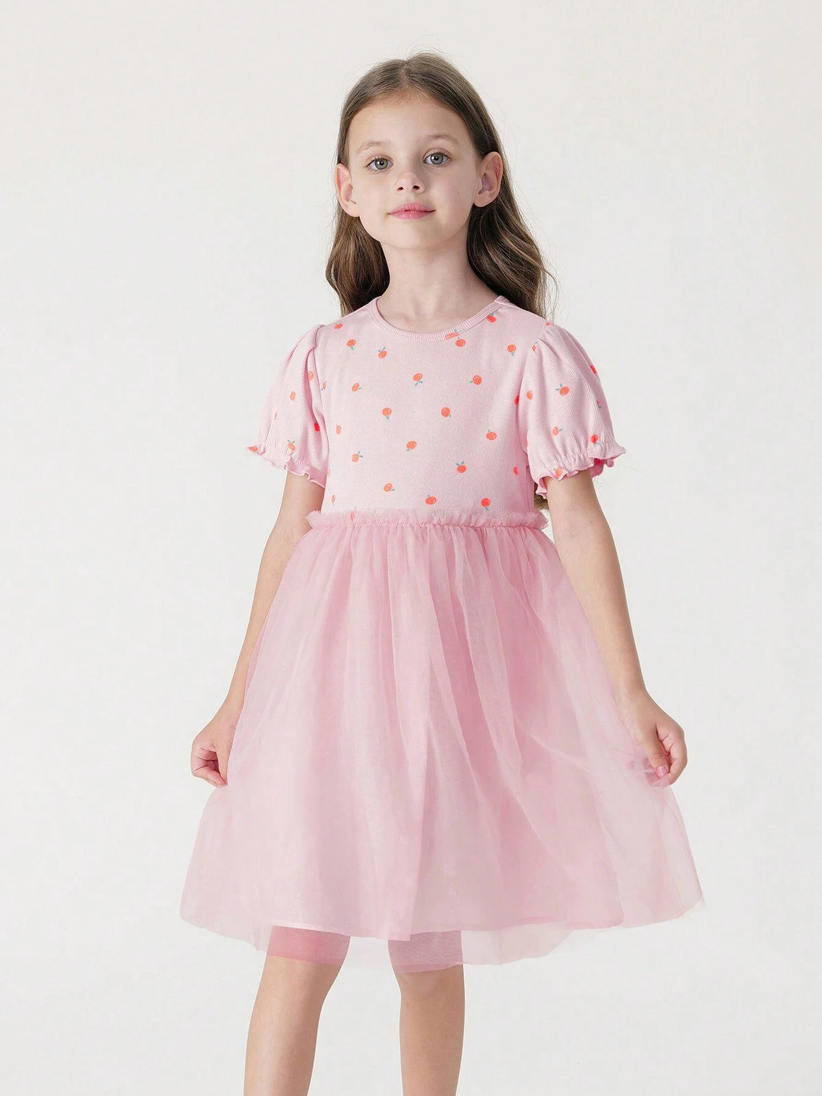 Young Girl Sweet Fresh Fruit Printed Mesh Splice Puff Sleeve Round Neck Dress, Summer