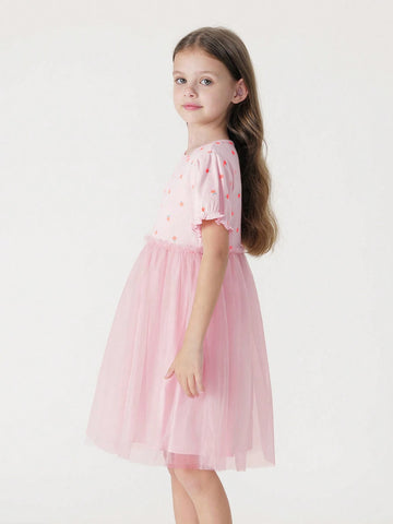 Young Girl Sweet Fresh Fruit Printed Mesh Splice Puff Sleeve Round Neck Dress, Summer