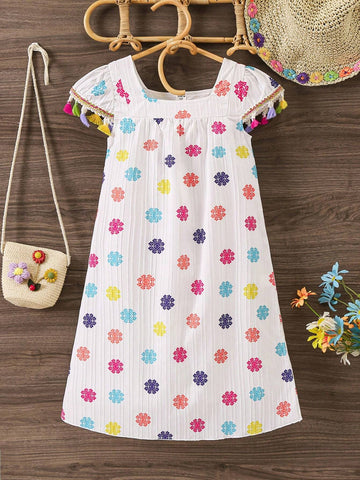 Young Girl Sweet Holiday Colorful Full Print Fringe Decorated Dress