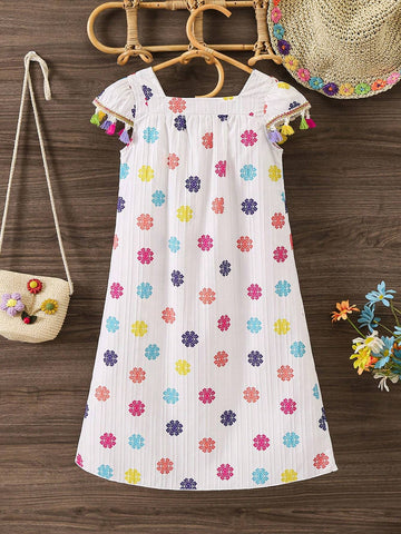 Young Girl Sweet Holiday Colorful Full Print Fringe Decorated Dress