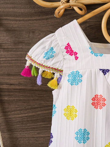 Young Girl Sweet Holiday Colorful Full Print Fringe Decorated Dress