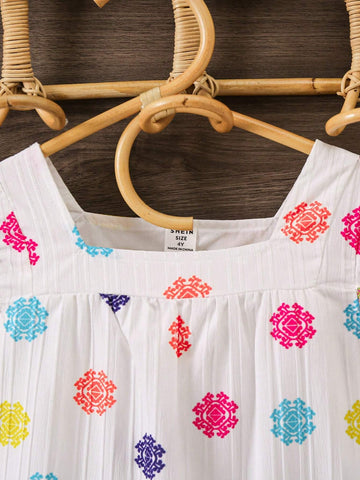 Young Girl Sweet Holiday Colorful Full Print Fringe Decorated Dress