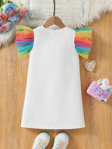 Young Girl Sweet Knitted Cartoon Doll Mesh Puff Sleeve Knitted Dress