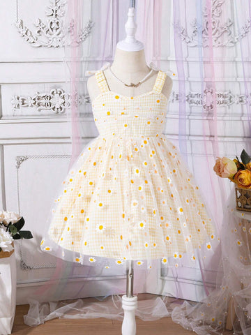 Young Girl Sweet Ladylike Cute Casual Comfortable Grid Mesh Daisy Flower Printed Dress