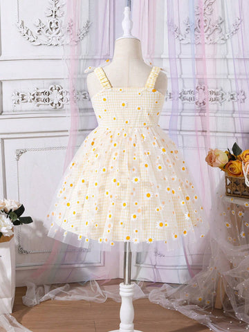 Young Girl Sweet Ladylike Cute Casual Comfortable Grid Mesh Daisy Flower Printed Dress