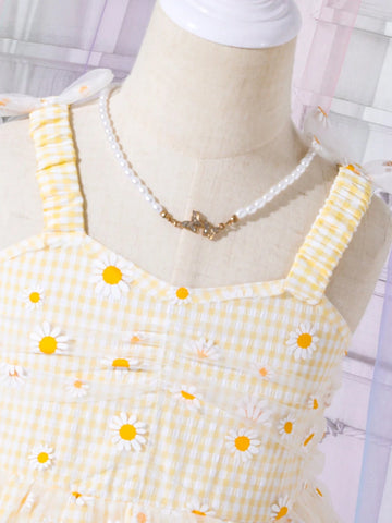 Young Girl Sweet Ladylike Cute Casual Comfortable Grid Mesh Daisy Flower Printed Dress