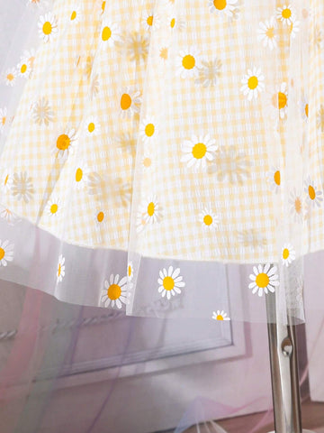 Young Girl Sweet Ladylike Cute Casual Comfortable Grid Mesh Daisy Flower Printed Dress