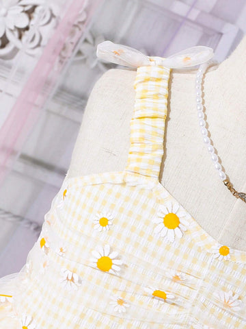 Young Girl Sweet Ladylike Cute Casual Comfortable Grid Mesh Daisy Flower Printed Dress