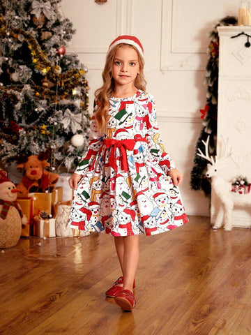 Young Girl Sweet Lovely Elegant Pink Christmas Snowman Cartoon Allover Print Scarf, Waistband & Hat 3pcs Set, Comfortable Versatile Dress For Spring Summer Autumn Winter