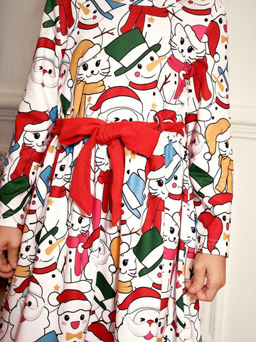 Young Girl Sweet Lovely Elegant Pink Christmas Snowman Cartoon Allover Print Scarf, Waistband & Hat 3pcs Set, Comfortable Versatile Dress For Spring Summer Autumn Winter