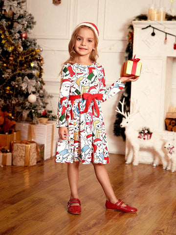 Young Girl Sweet Lovely Elegant Pink Christmas Snowman Cartoon Allover Print Scarf, Waistband & Hat 3pcs Set, Comfortable Versatile Dress For Spring Summer Autumn Winter