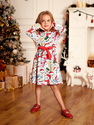 Young Girl Sweet Lovely Elegant Pink Christmas Snowman Cartoon Allover Print Scarf, Waistband & Hat 3pcs Set, Comfortable Versatile Dress For Spring Summer Autumn Winter