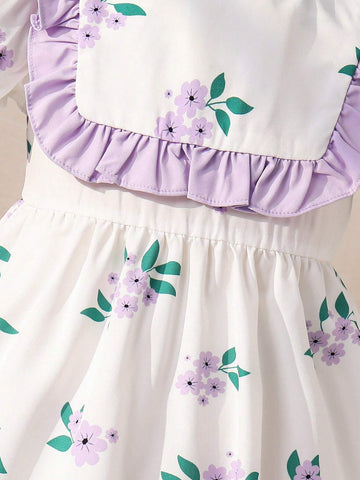 Young Girl Sweet Lovely Puff Sleeve Flower Print Dress