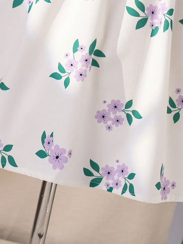 Young Girl Sweet Lovely Puff Sleeve Flower Print Dress