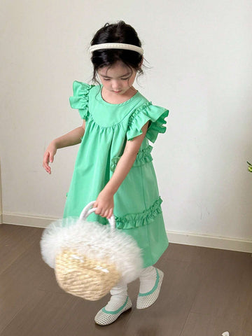 Young Girl Sweet Lovely Ruffle Trim Simple Summer Dress