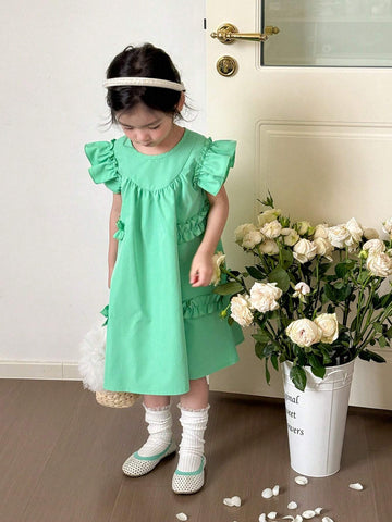 Young Girl Sweet Lovely Ruffle Trim Simple Summer Dress