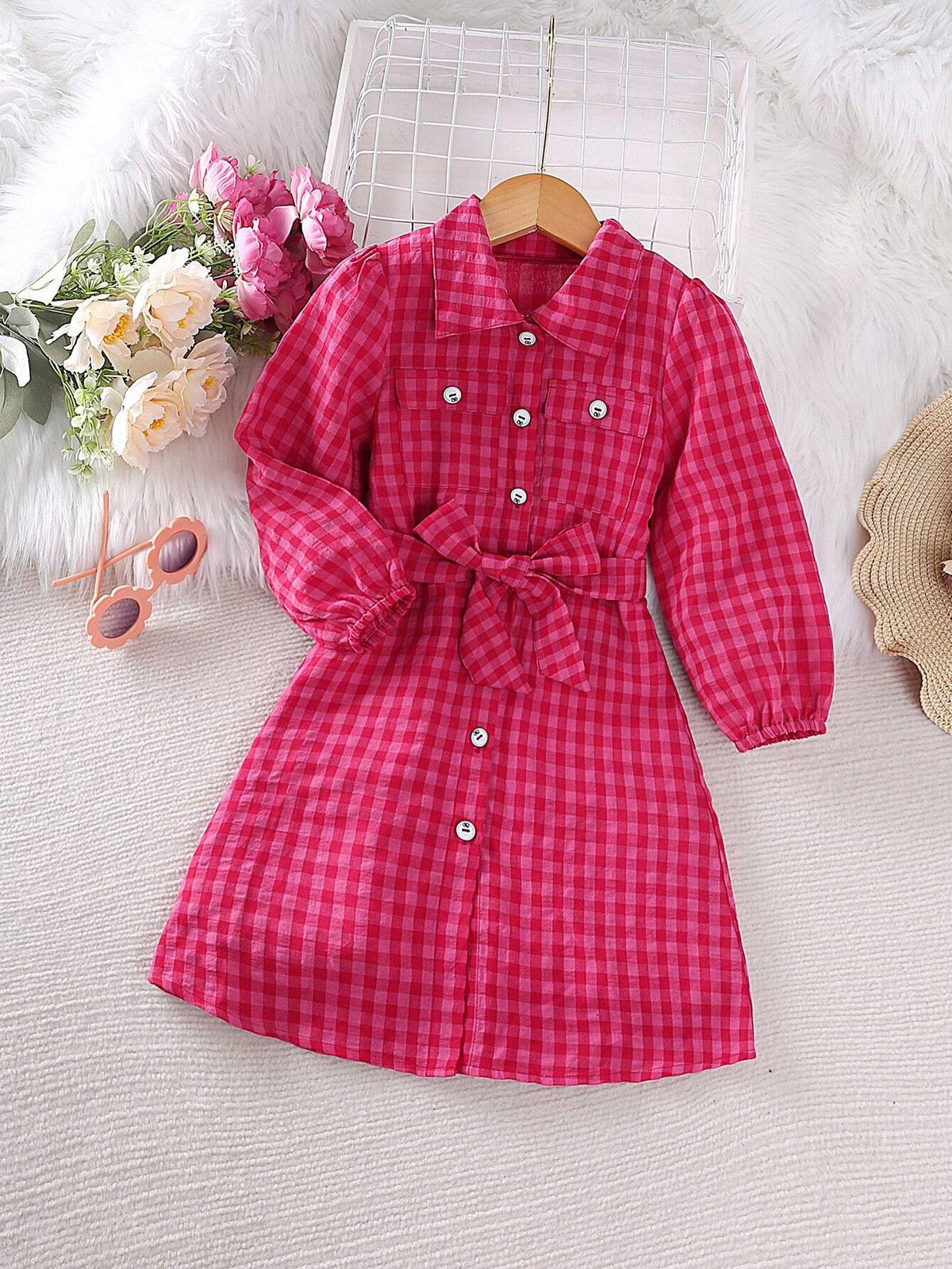 Young Girl Sweet Plaid Long Sleeve Shirt Dress, Suitable For Casual Outing, Birthday Party, Spring And Autumn