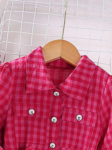 Young Girl Sweet Plaid Long Sleeve Shirt Dress, Suitable For Casual Outing, Birthday Party, Spring And Autumn