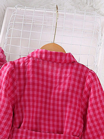 Young Girl Sweet Plaid Long Sleeve Shirt Dress, Suitable For Casual Outing, Birthday Party, Spring And Autumn