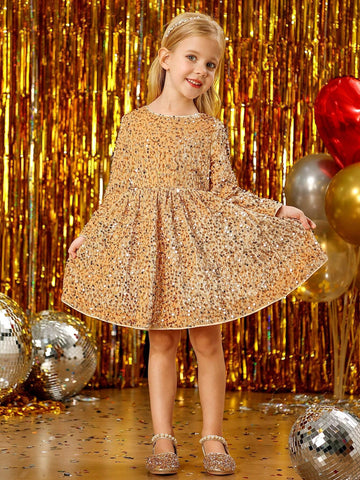 Young Girl Sweet Princess Elegant Velvet Sequin Sparkly Glittery Fabric Cute Stylish Comfortable Versatile Noble Elegant Suitable For Spring, Can Be Worn Alone Or With Layers In Autumn/Winter Long Sleeve Dress