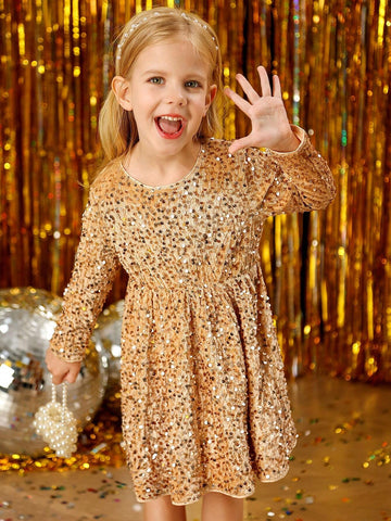 Young Girl Sweet Princess Elegant Velvet Sequin Sparkly Glittery Fabric Cute Stylish Comfortable Versatile Noble Elegant Suitable For Spring, Can Be Worn Alone Or With Layers In Autumn/Winter Long Sleeve Dress