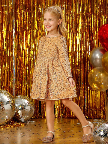 Young Girl Sweet Princess Elegant Velvet Sequin Sparkly Glittery Fabric Cute Stylish Comfortable Versatile Noble Elegant Suitable For Spring, Can Be Worn Alone Or With Layers In Autumn/Winter Long Sleeve Dress