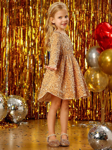 Young Girl Sweet Princess Elegant Velvet Sequin Sparkly Glittery Fabric Cute Stylish Comfortable Versatile Noble Elegant Suitable For Spring, Can Be Worn Alone Or With Layers In Autumn/Winter Long Sleeve Dress