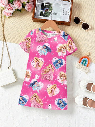 Young Girl Sweet Princess Heart Print Dress, Casual Cartoon Pattern Short Sleeve Mid-Length Dress Suitable For Summer