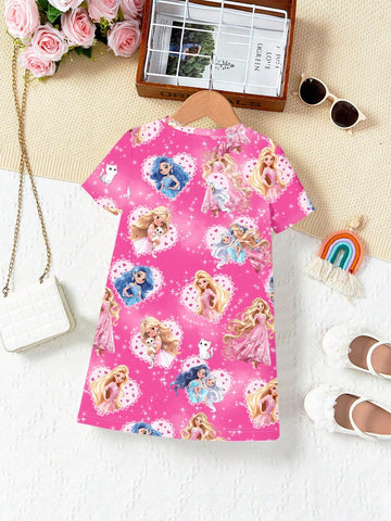 Young Girl Sweet Princess Heart Print Dress, Casual Cartoon Pattern Short Sleeve Mid-Length Dress Suitable For Summer