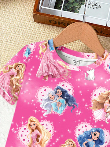 Young Girl Sweet Princess Heart Print Dress, Casual Cartoon Pattern Short Sleeve Mid-Length Dress Suitable For Summer