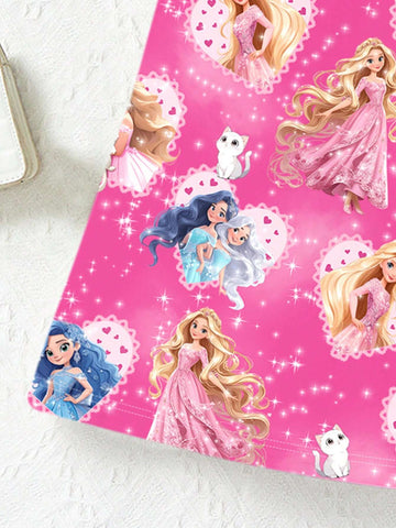 Young Girl Sweet Princess Heart Print Dress, Casual Cartoon Pattern Short Sleeve Mid-Length Dress Suitable For Summer