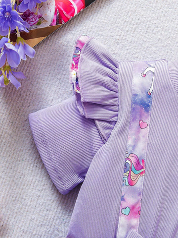 Young Girl Sweet Princess Style Purple Unicorn Print 2 In 1 Overall Dress