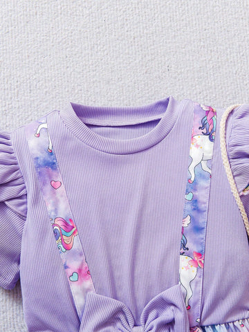 Young Girl Sweet Princess Style Purple Unicorn Print 2 In 1 Overall Dress