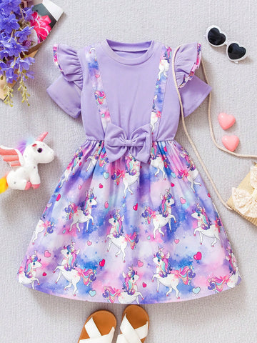 Young Girl Sweet Princess Style Purple Unicorn Print 2 In 1 Overall Dress