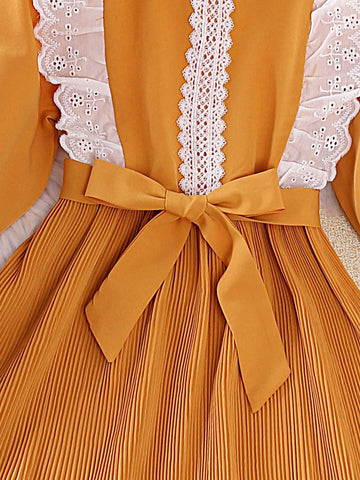 Young Girl Sweet Ruffle Collar Long Sleeve Pleated Dress, Suitable For Spring And Autumn